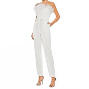 NEW MAC DUGGAL feather neck strapless jumpsuit in white